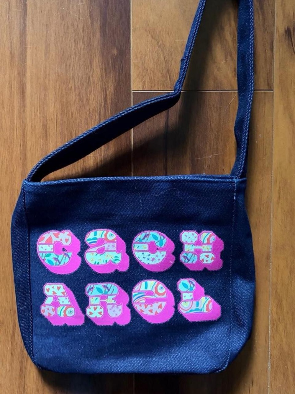 Cacharel Navy Bag with Pink Patterned Appliqué Lettering